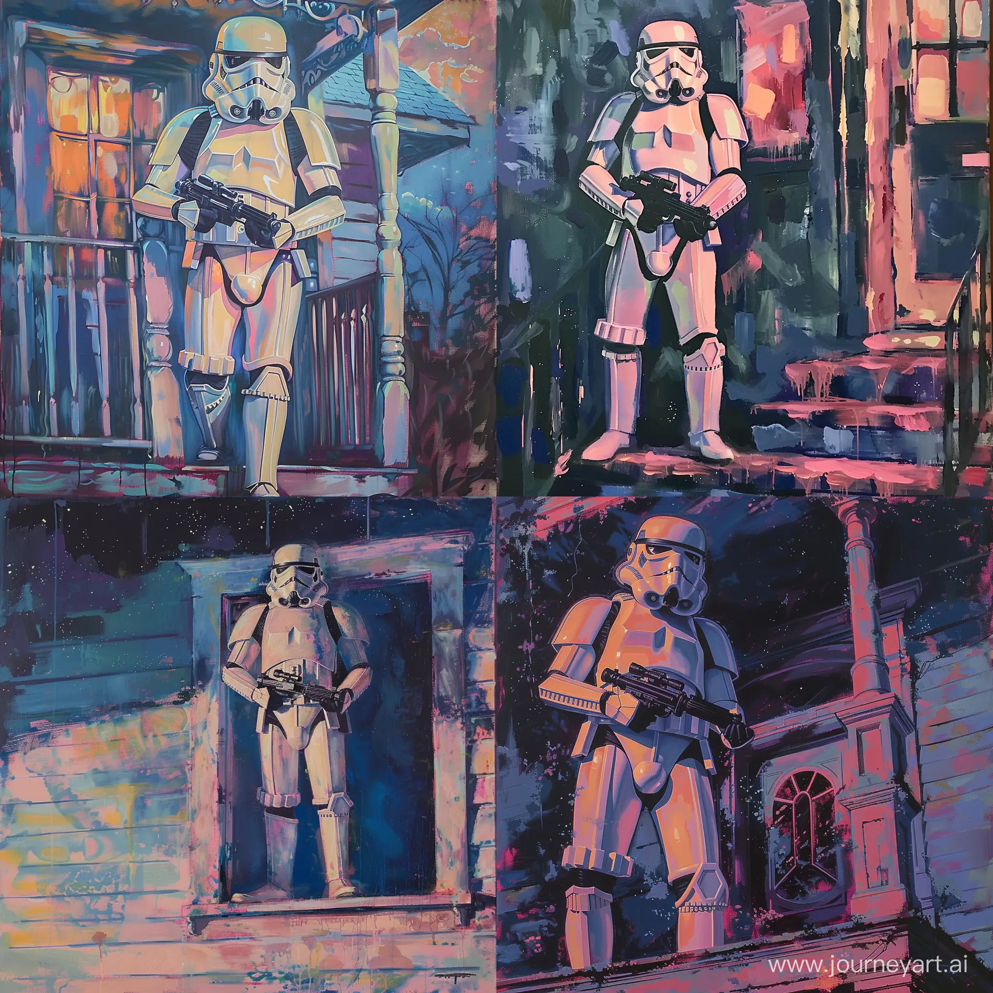 abstract painting in pastel colors, The stormtrooper from Star Wars stands on the threshold of the house against the background of the night 