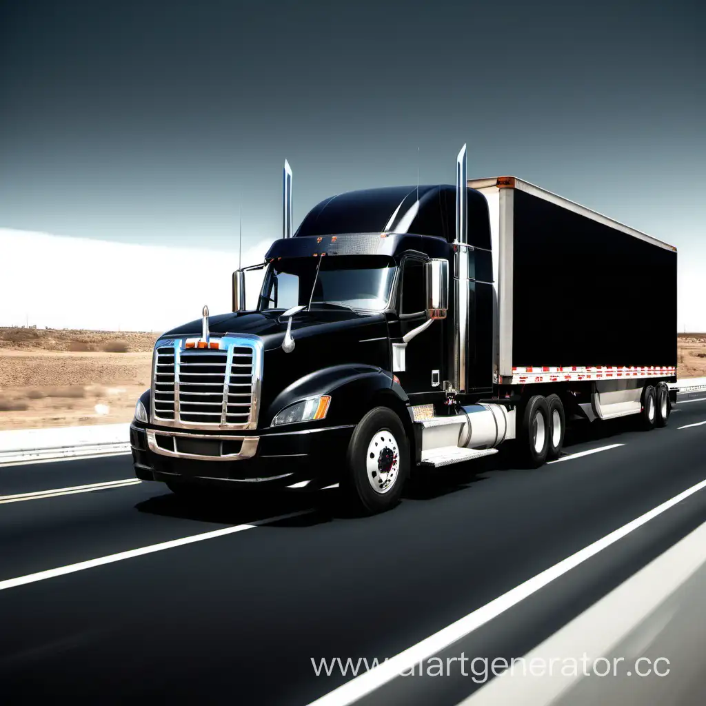 American truck in highway, black mattic, with high speed,