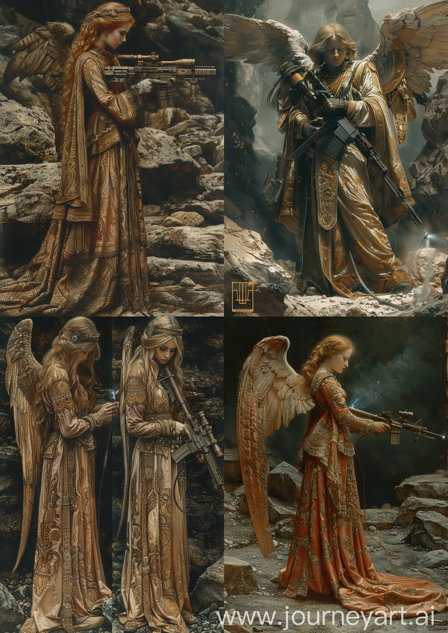 Ornate-Silk-Robed-Female-Angel-Warrior-with-M16-Rifle-on-Rocky-Terrain