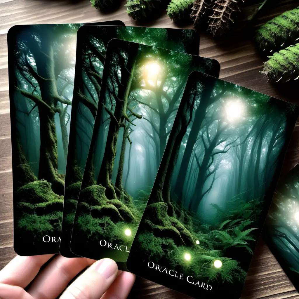 Realistic mystical forest oracle card 
