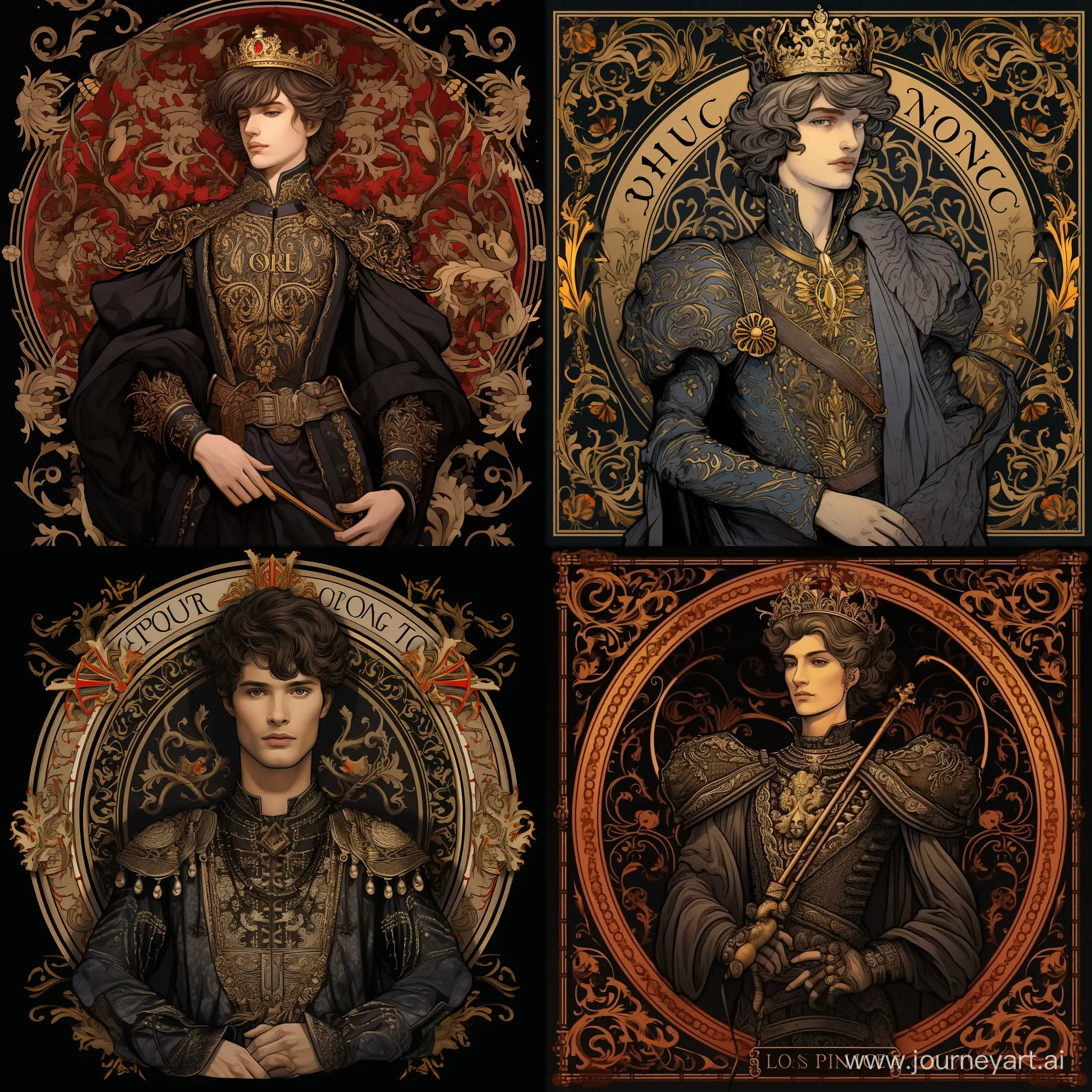 Waist portrait of Louis the thirteenth, King of France, in clothes with puffy sleeves, graphics, dark colors, on a background of Baroque ornament, Alphonse Mucha style