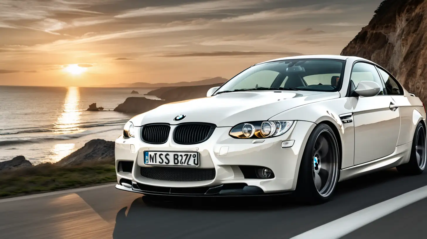 Pearl White BMW E92 with Carbon Accents at Sunset by the Sea
