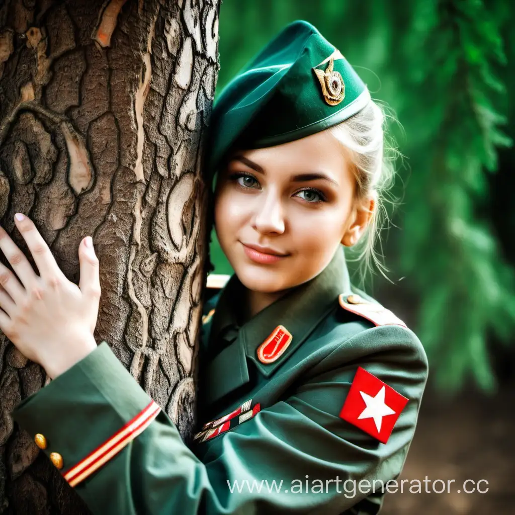 Очень красивая девушка  в военной форме обнимает дерево.крупный план.