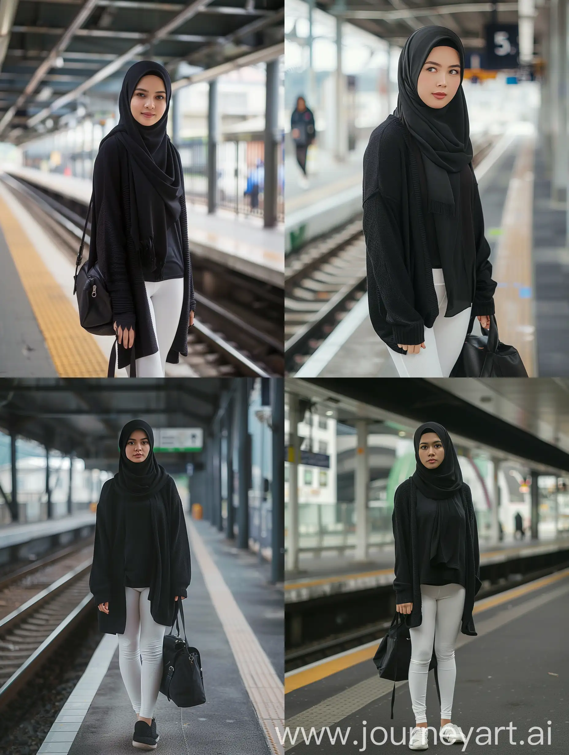 Portrait of an Indonesian woman wearing a black hijab, wearing a black cardigan, and wearing white leggings and a black bag. Standing at the train station. facing the camera