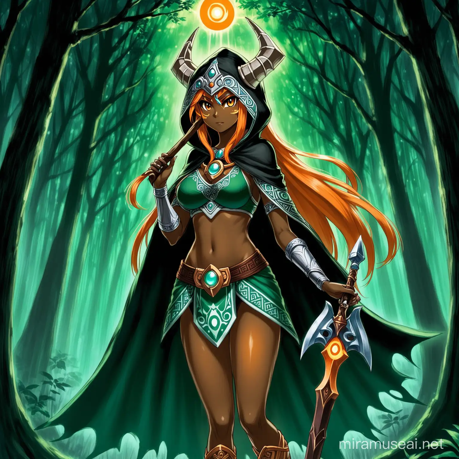 Make a drawing of adult dark skinned human Midna from Zelda Twilight Princess. She has orange long hair and is dressed in a black cloak and a hood. Her large breasts are almost exposed. She holds a halberd on her shoulder and cast a spell with her other hand. There is a haunted forest and shadows in the background.