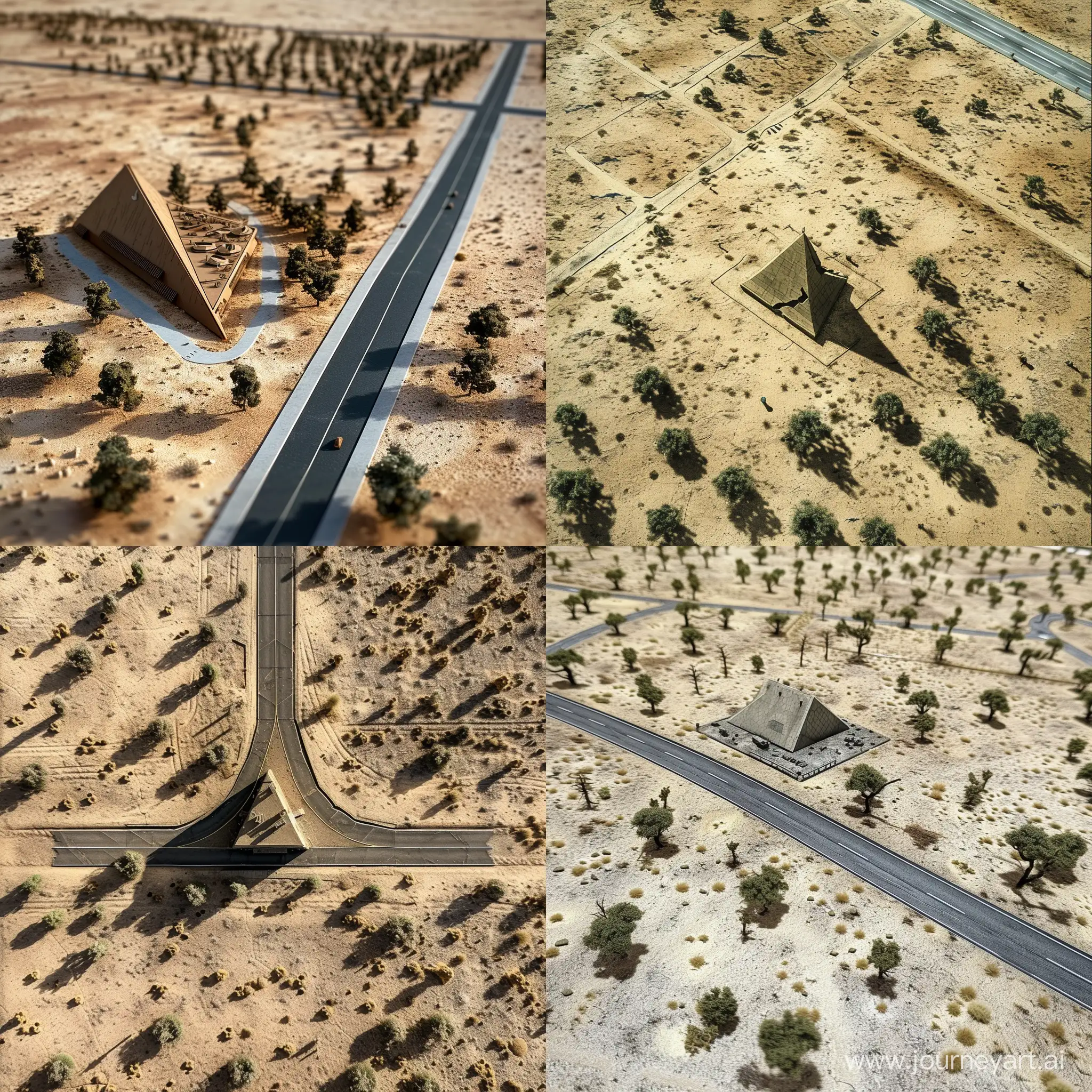 поле для настольной игры, голая пустыня, асфальтированная дорога, редкие пустынные деревья, здание военного штаба треугольное, вид строго сверху