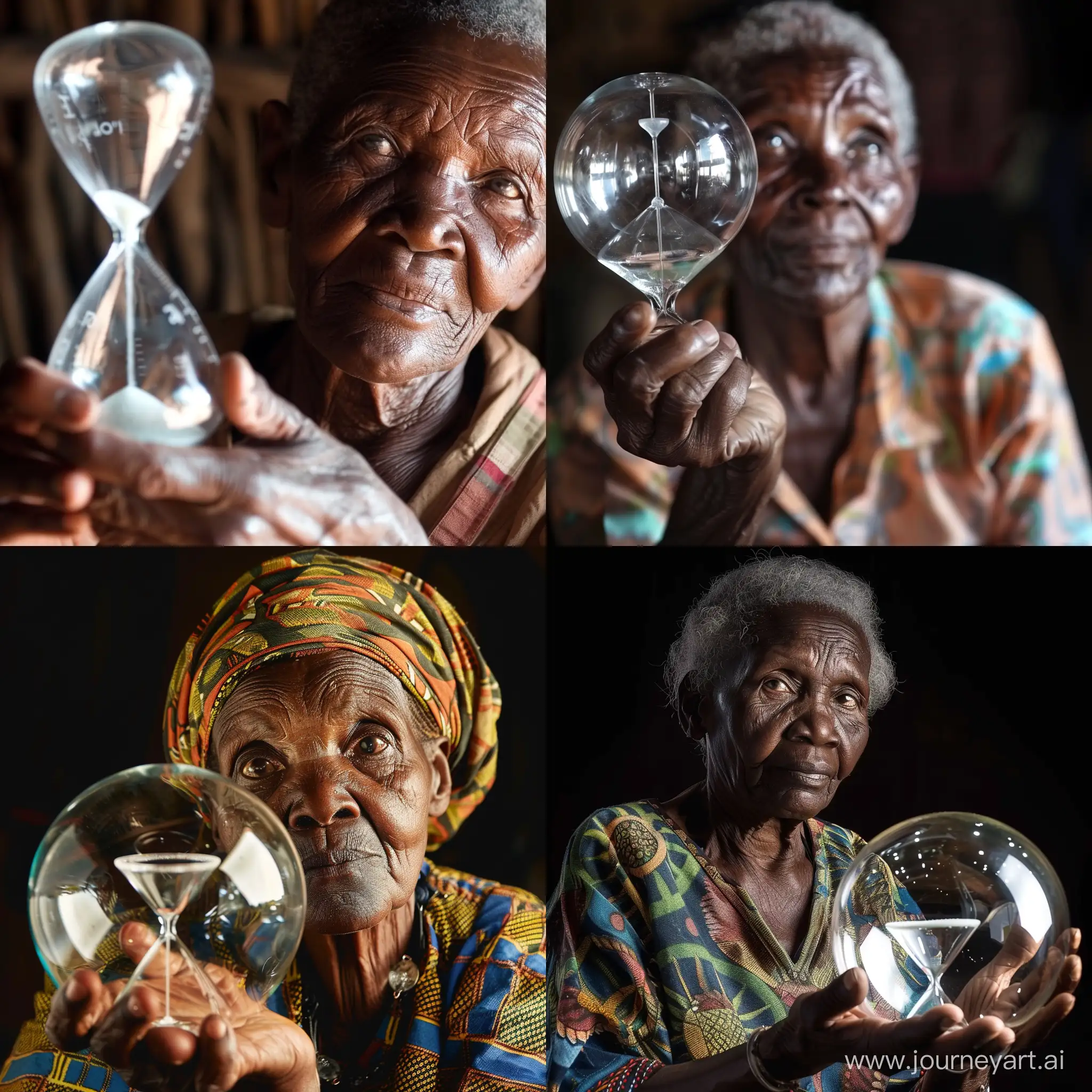 Old African woman holding a big clear and reflective hour glass. She is staring at it with a slight smile