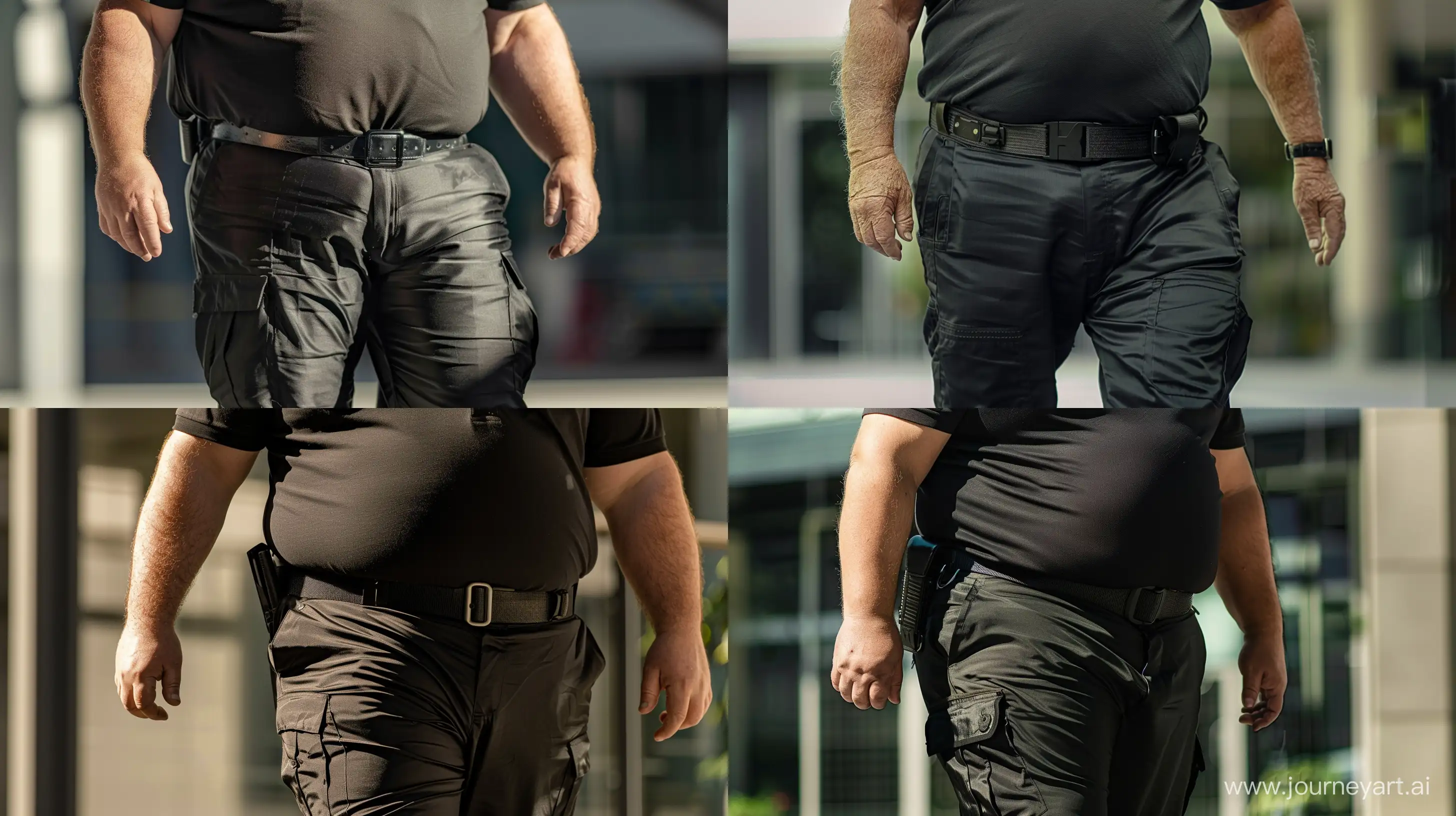 Front view close-up photo of a fat man aged 60 wearing tight silk black security guard battle pants and a tucked in silk black polo shirt. Black heavy tactical belt. Walking. Natural light. Inside. --ar 16:9 --video