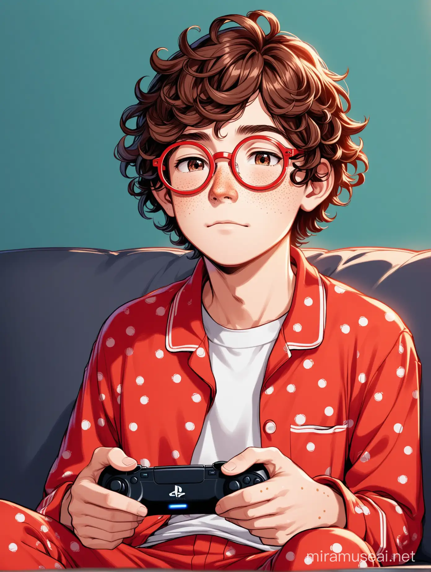 A teenage boy with curly brown hair, wearing a red pajamas, red round-rimmed glasses, red pajama pants, and freckles around his nose, playing video games in PS5