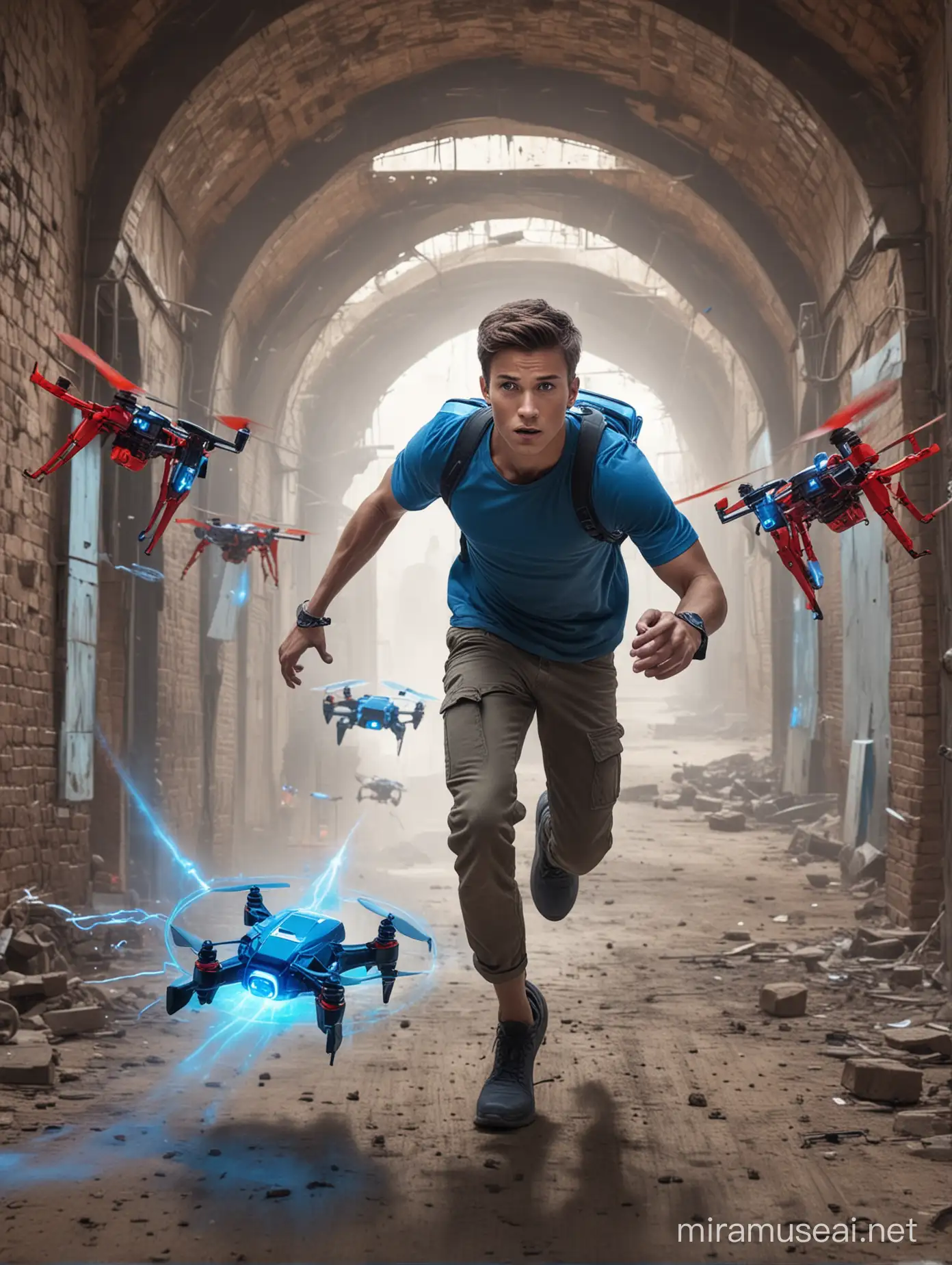 A handsome young man racing through a tech portal with a blue drone shooting at other dangerous red drones from behind the young man