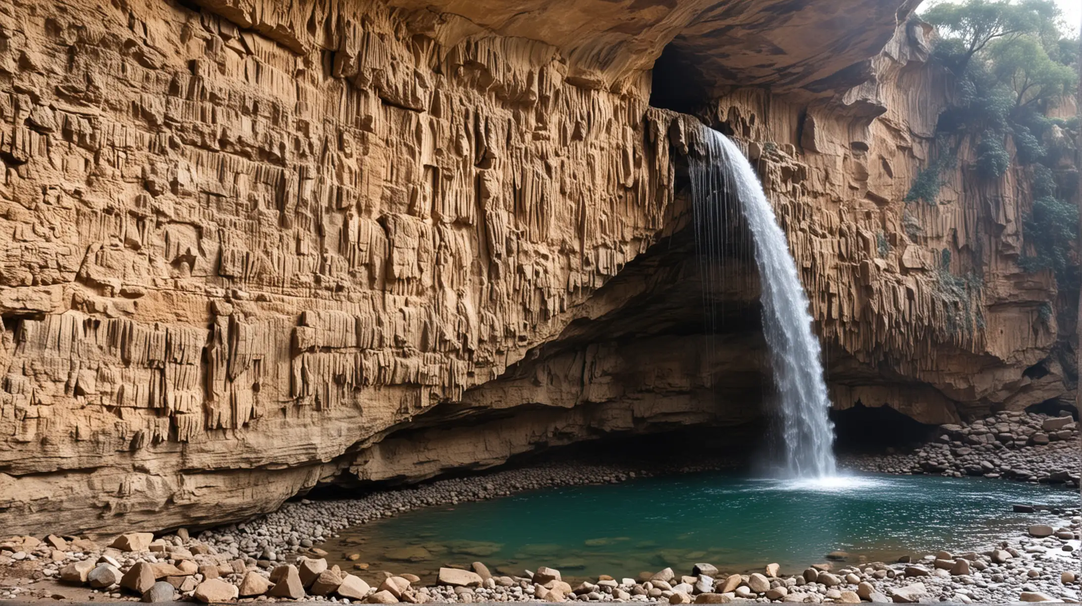 Majestic Waterfall Flowing from Cliffside Cave