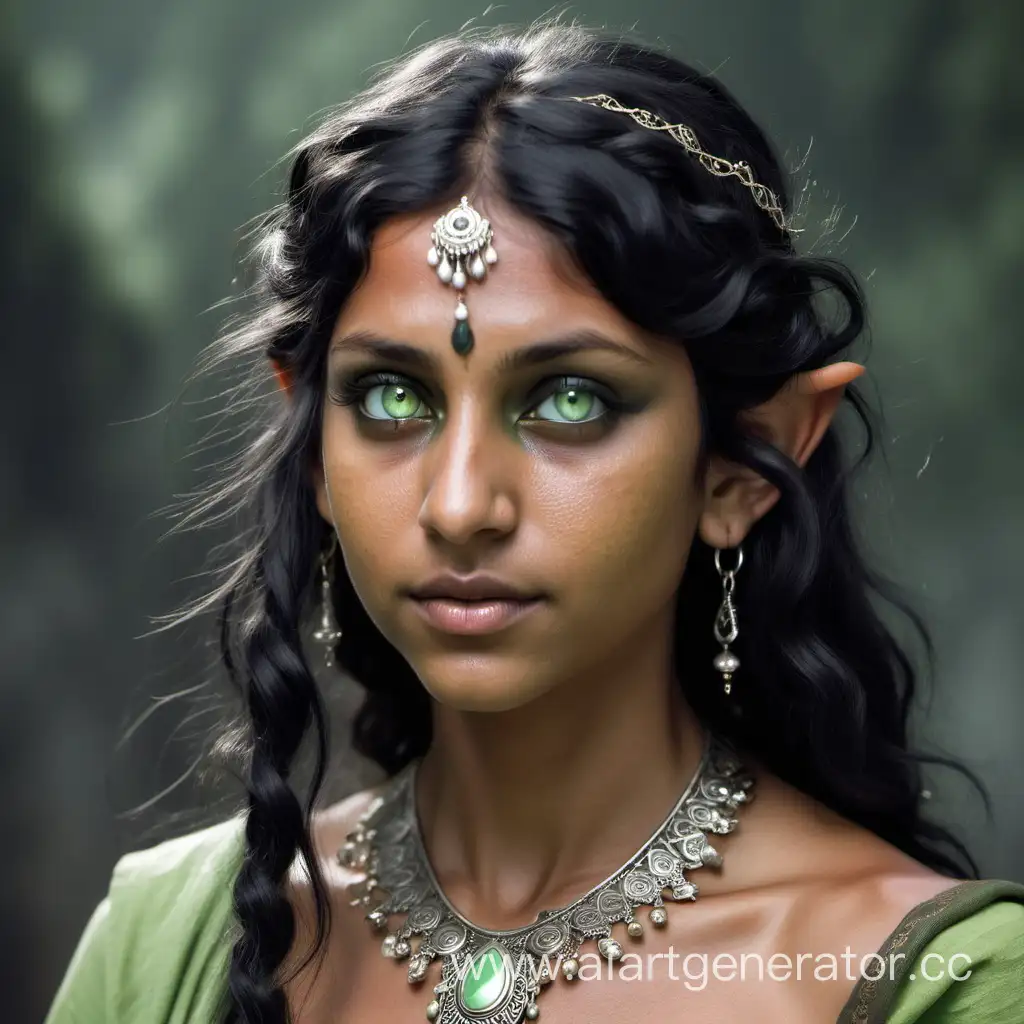 The elf girl. Tanned skin, shoulder-length black wavy hair, pale green eyes. A type of Indian woman. He looks a little tired. Without makeup, but with jewelry in her hair.