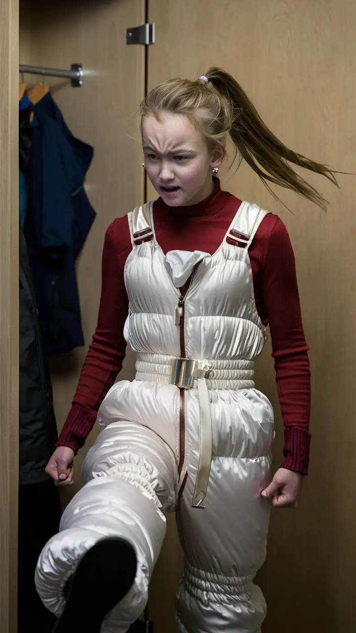 A teenage Finnish woman wearing a thin red turtleneck and is wearing a pair of white nylon ski bibs. The ski bibs are thick and insulated and have a satiny sheen. The bibs have a matching belt that is tightly cinched around the waist.

She is in a dressing room with a full length mirror. She is getting ready to go outside in the cold weather. She is pulling on another pair of ski bibs over the first. She is frowning. She is stamping her foot impatiently. 

She has tiny earrings. Her hair is in a ponytail.