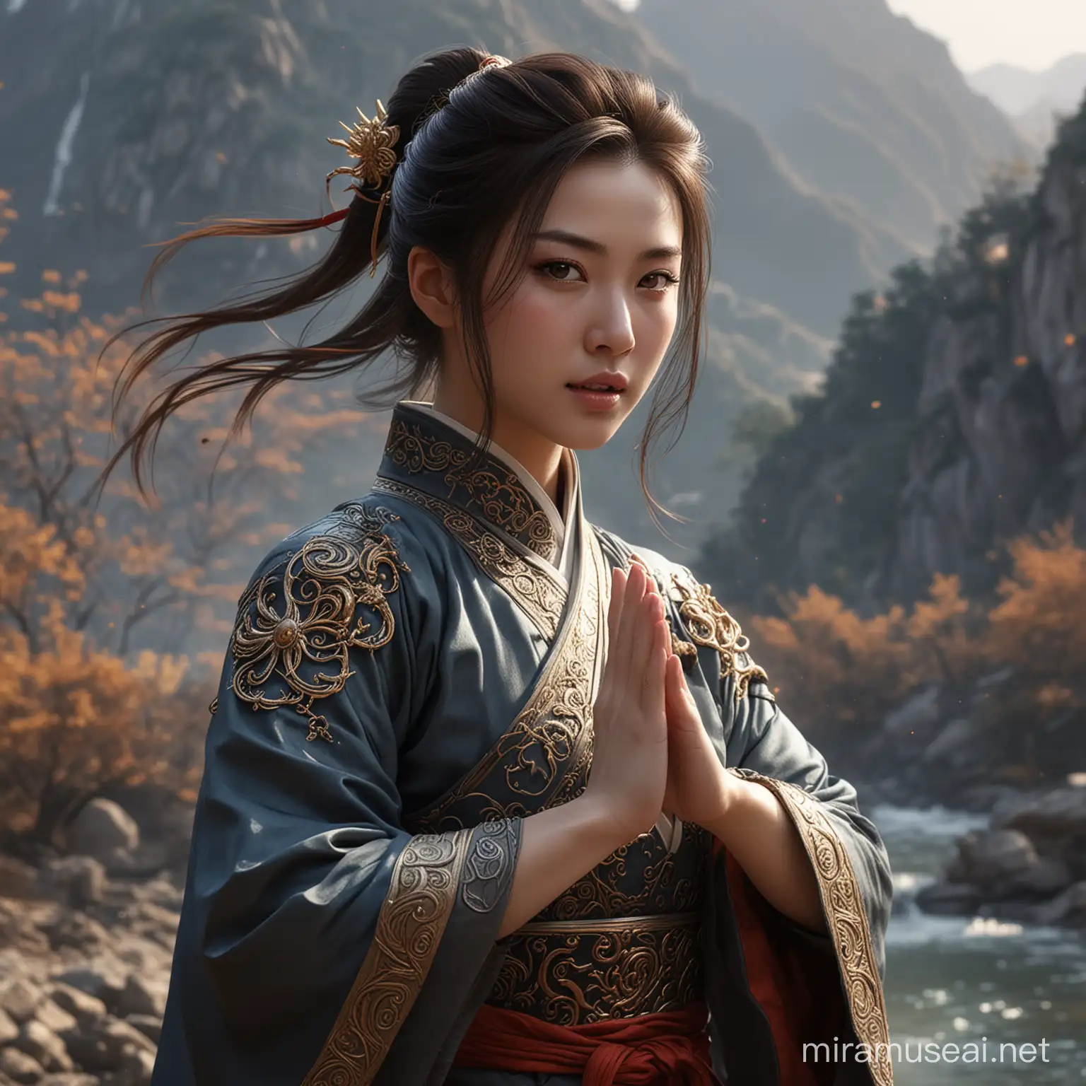 Best Quality, Masterpiece, Ultra High Resolution, (Realistic: 1.4), Xiuxian, Weapon, Detailed Face, .a beautiful woman Solo, Weapon, , (Magic Circle: 1.2), Xiuxian, Upper Body, Sheath, (Absurd, Resolution Tall , Highly Detailed), Asian,a female, ,twenty year old female,beautiful,ideal tall female broad shoulders,very short hair,undercut,dark brown eyes,delicate eyes and detailed face,highly detailed Unity 8k CG wallpaper , intricate details, (vortex magic force: 0.7), looking at the viewer, solo, (whole body: 0.6), detailed background, detailed face, hair fluttering in the wind, martial artist, dynamic pose, battle pose , clenched hands, fingerless gloves, bracelets, dragon theme costumes, monk robes, alpine mountain background, rotating floating particles, dynamic composition, hanfu, jinshan, jinshan background, jinshan background, jinshan mountain, flowing golden water