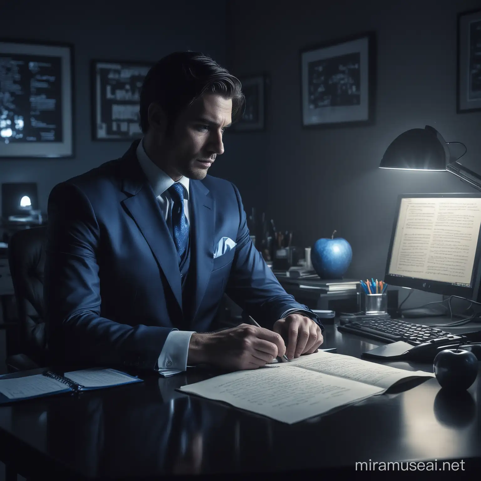 A bulked man dressed in a suit, sitting in his very dark office of luxury, the office only has blue shiny luxurious objects emitting a little amount of blue and silverish light, he holds a handwritten paper on his hand which he looks at with seriousness, there is an apple computer on his desk, the background is of midnight with only moonlight shining over the scene.