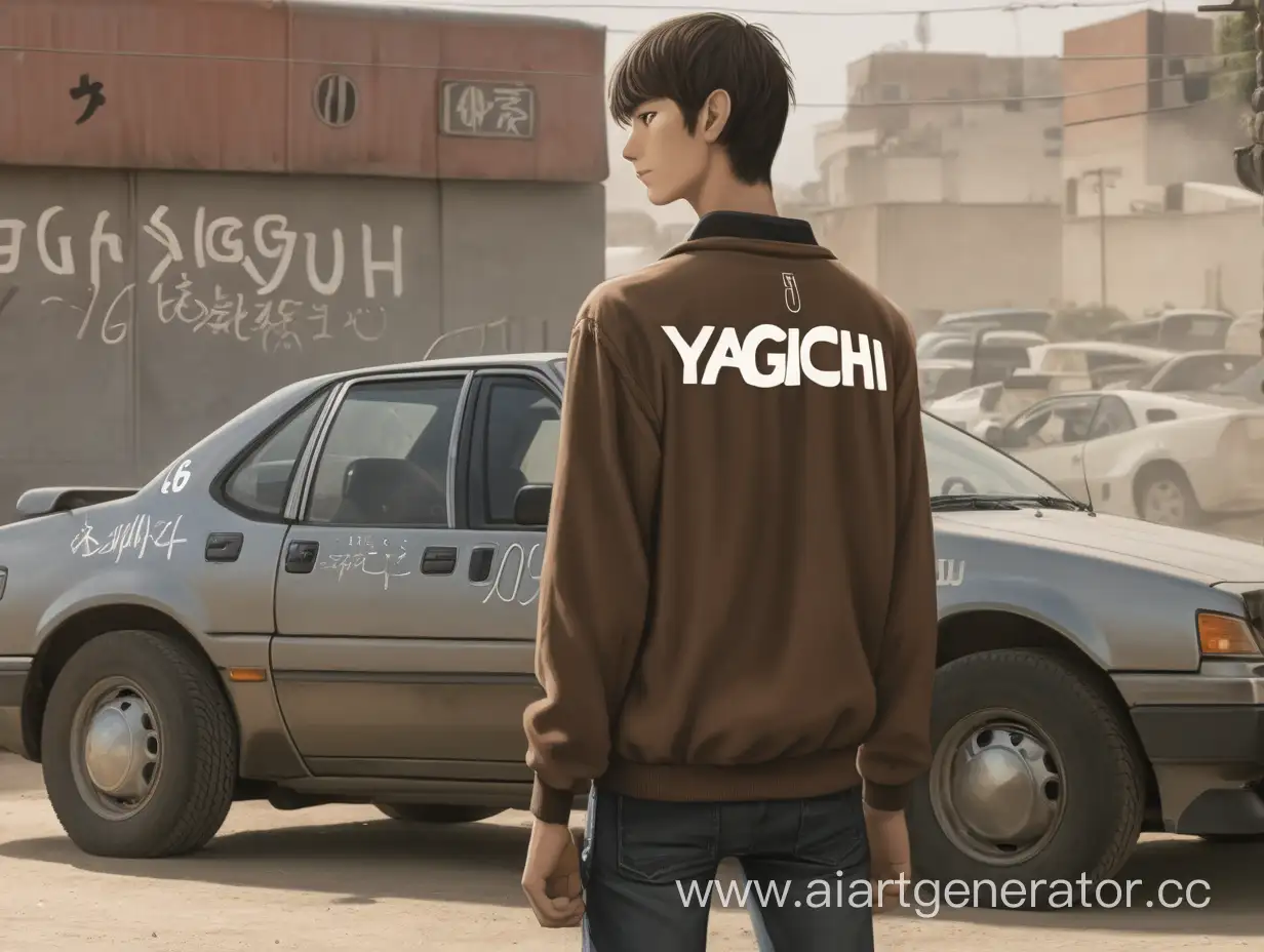 Молодой и высокий парень, сзади написано "Yagich", а по бокам машины