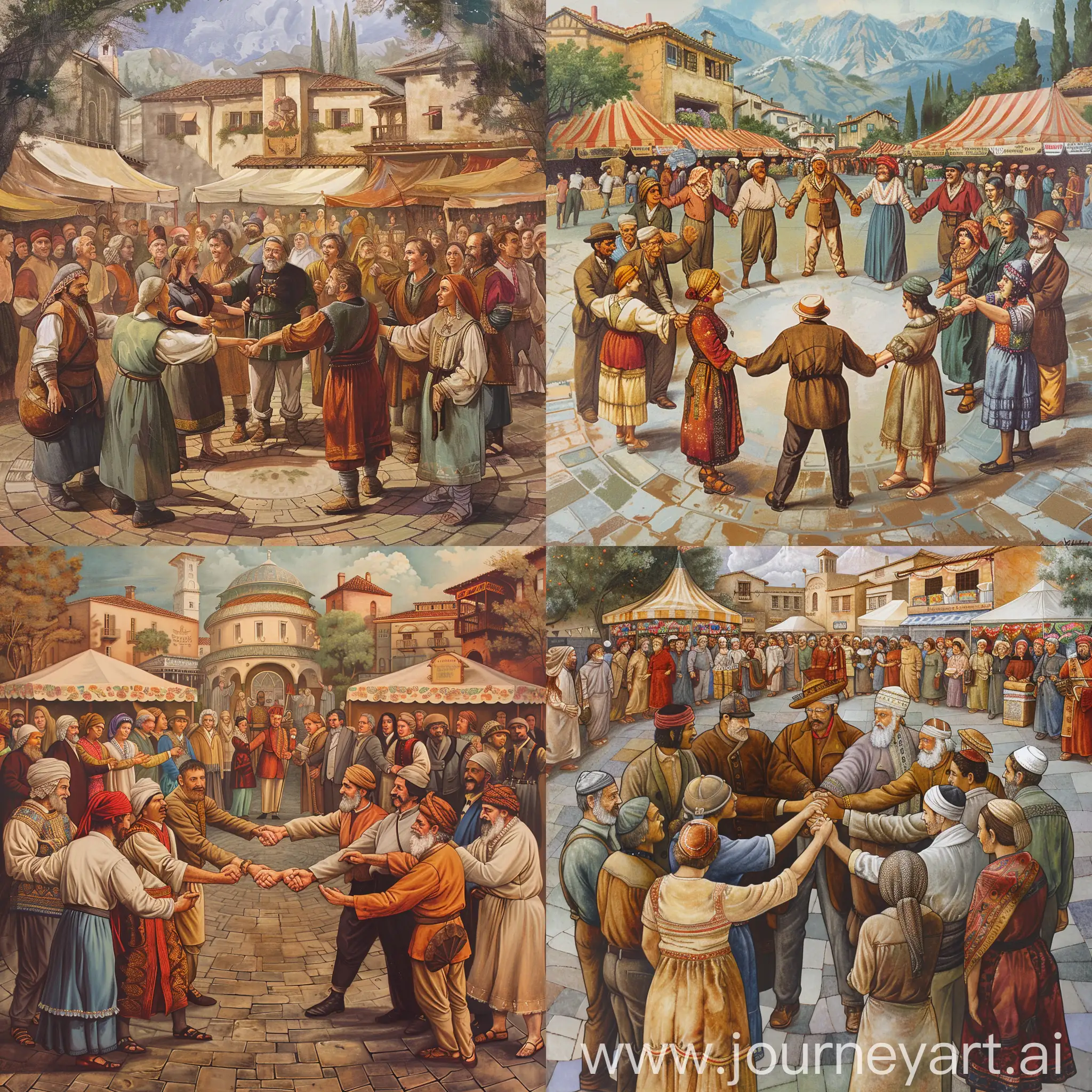 Picture an image in the style of a classic fresco mural, where a circle of people from various historical periods and backgrounds join hands in front of an old-world marketplace. The figures should be portrayed in a harmonious blend of warm earth tones, suggesting unity despite the passage of time. Their attire reflects their cultures, but their joined hands symbolize a timeless tradition of commerce and charity, making it an ideal representation for a charity market poster.