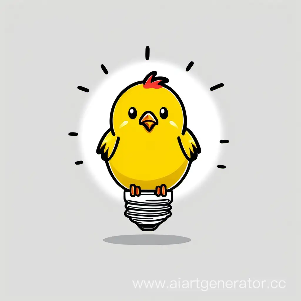 Нарисуй желтого цыпленка с лампочкой над головой на белом фоне