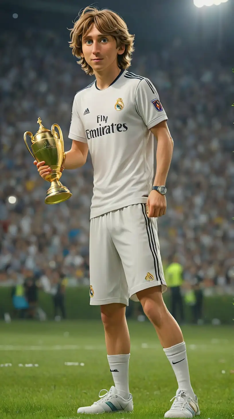 Draw the image of Luka Modrić
IN Real Madrid T-SHIRT ,full body, holding the championship cup high ,feet step on grass

, 3d cartoon,wearing shoes, 