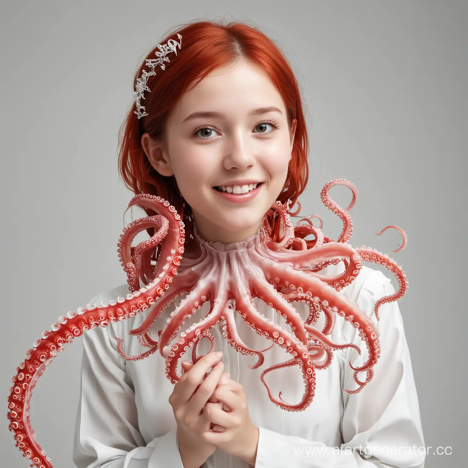 A close-up X-ray image of the octopus and the girl was taken; the octopus wrapped its tentacles around the girl. girl looks at us, smiles, shows only part of the object, Mori Kei style, precision art, plastic, deconstructed minimalism, atmospheric red colors, elegantly formal, werkstätte, white background, professional product phorography, 8K --ar 9:16 -- stylize 250