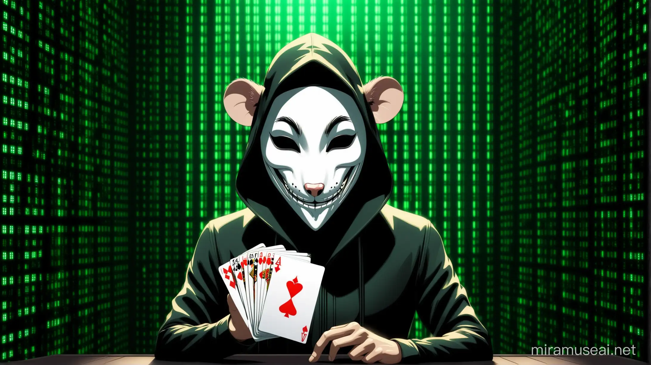 mascara 3d de um rato hacker anonimo sorrindo assustador
em fundo matrix segurando um baralho de cartas 