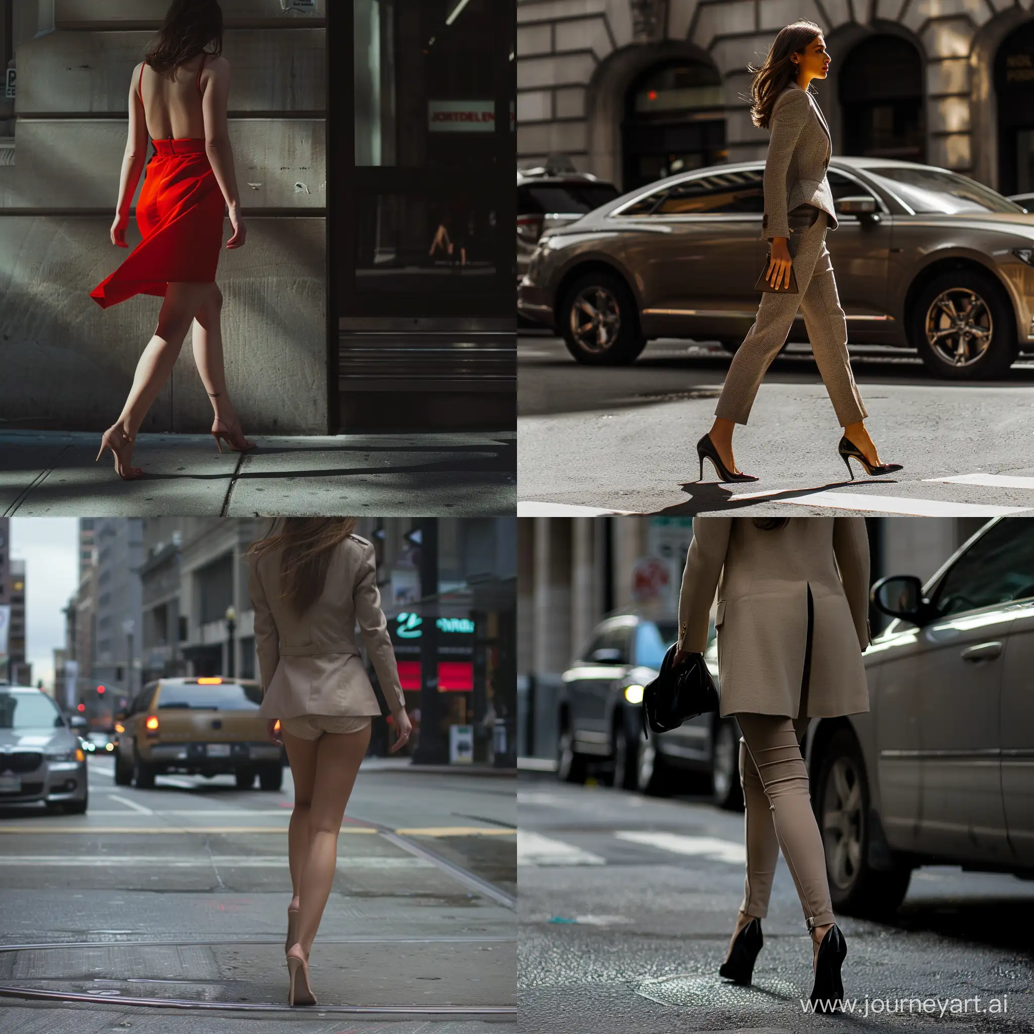 一个身姿曼妙的女子走在路上的街拍照，全身像、修长的腿