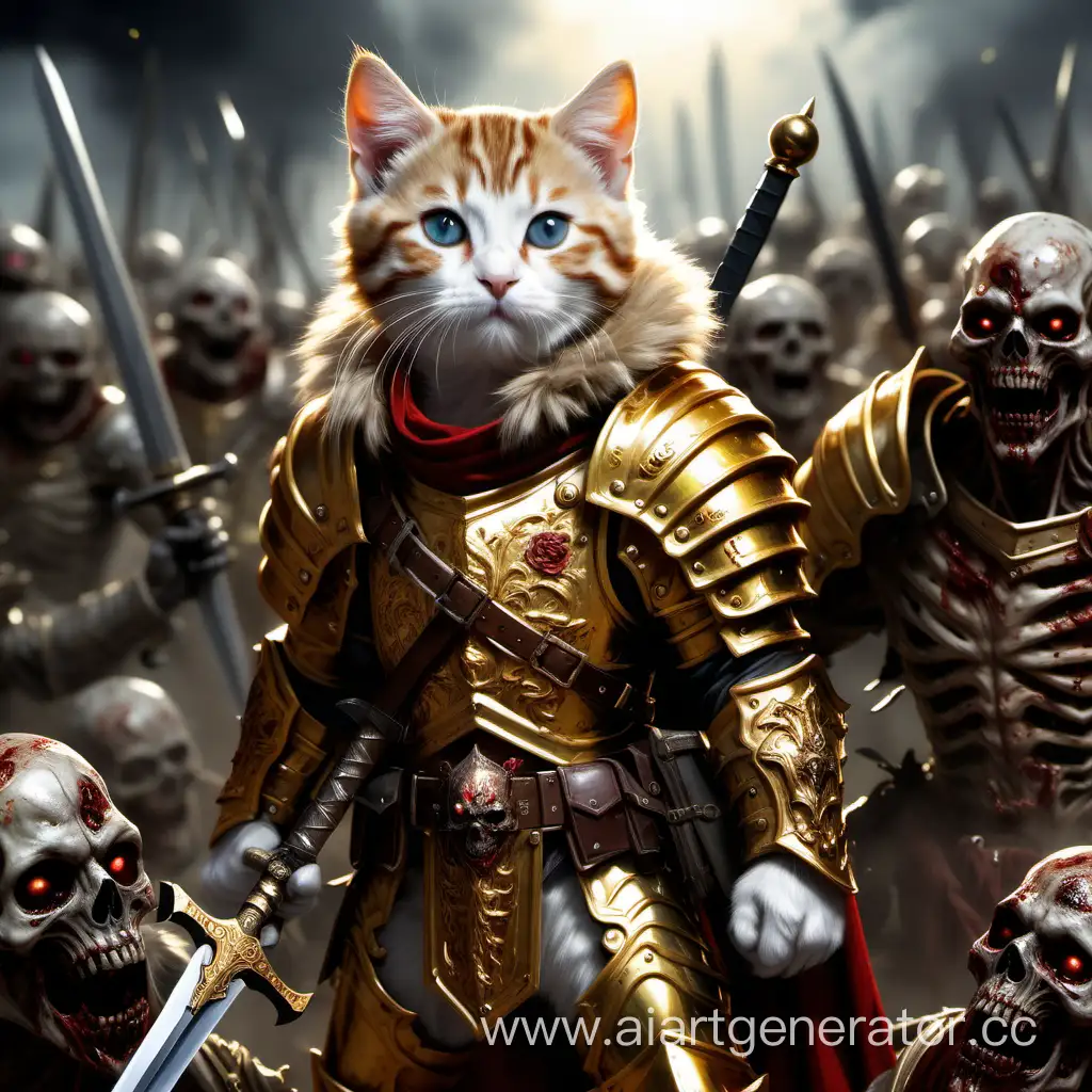 A kitten Legionnaire with a large fur collar on his shoulders, in golden armor and with a shining sword, standing on the corpses of zombies, detailed, with high detail, portrait,