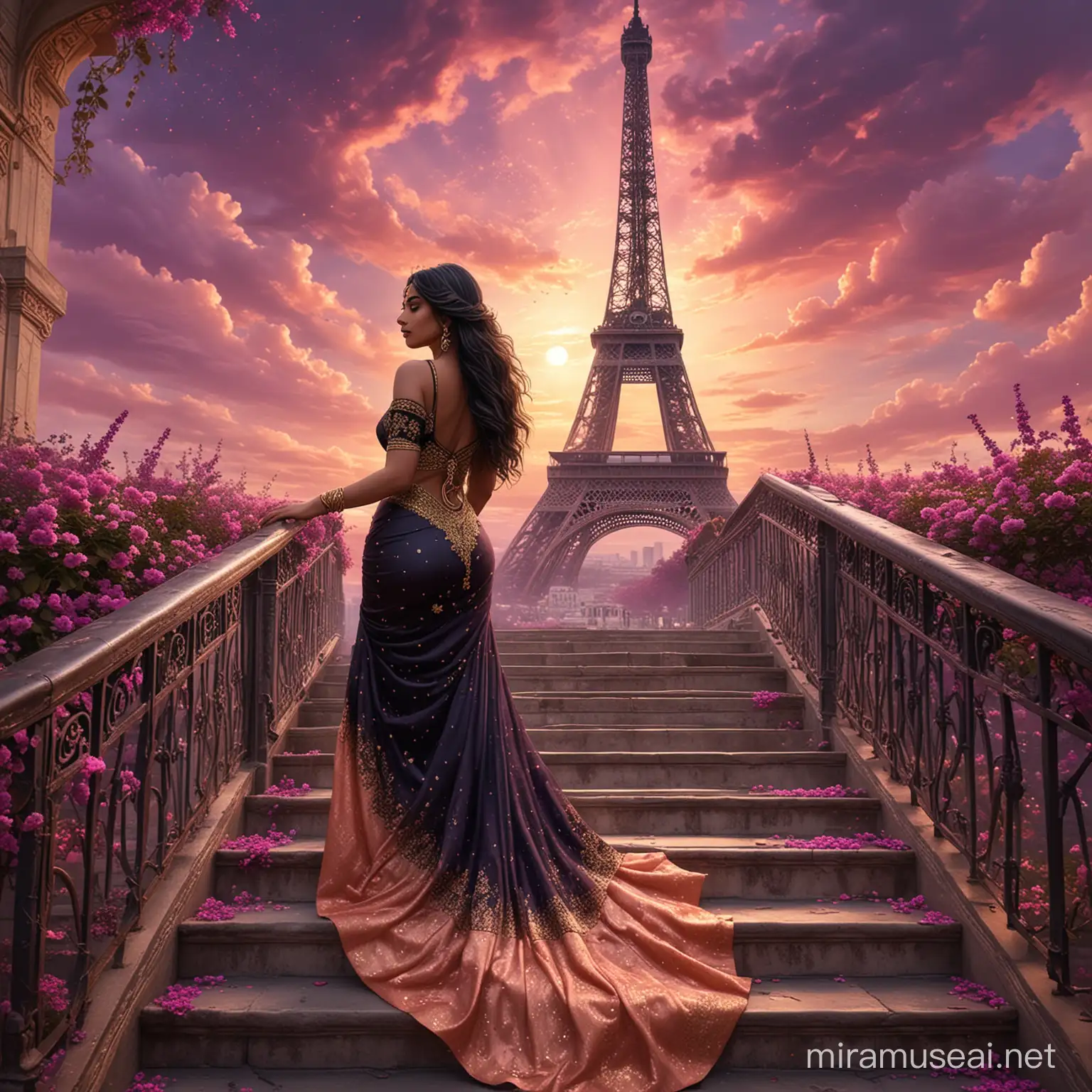 A beautiful indian princess, from behind, standing up in stairs, in a cloudy dark pink sky, surrounded by dark purple flowers and golden dust. Long black wavy hair, long elegant dark salmon and black dress, sari dress, haute couture. Background effel tower decorated with golden light. Background golden nebula in the sky. 8k, fantasy, illustration, digital art, illustration art, fantasy art, fantasy style