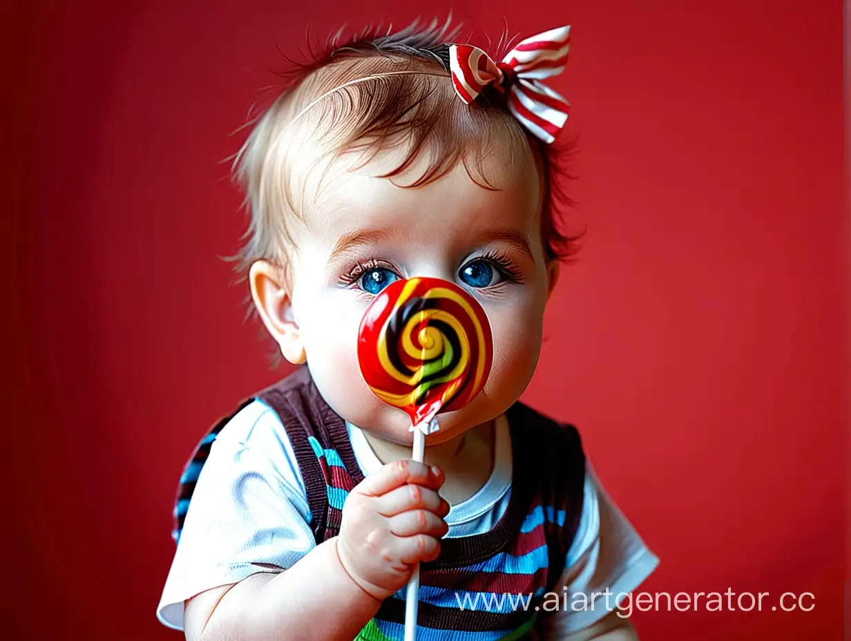 A cute baby holding a lollipop 
