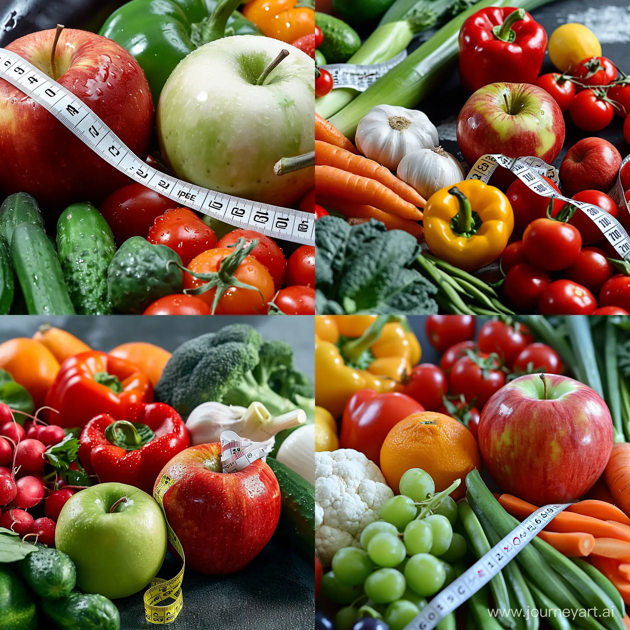 Healthy eating concept depicting a variety of fruits and vegetables, with a measuring tape wrapped around an apple to emphasize portion control and nutrition.