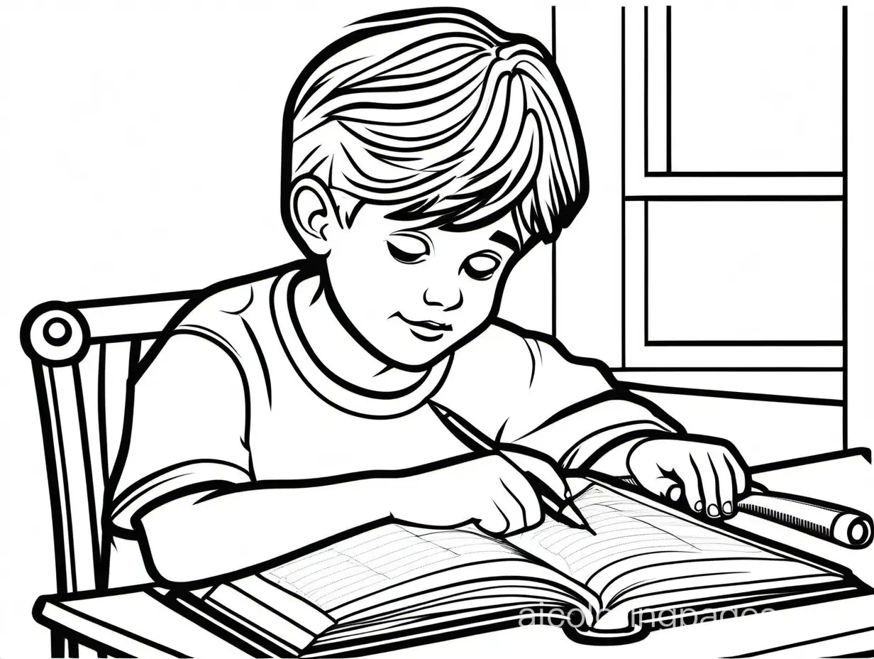The boy is studying, Coloring Page, black and white, line art, white background, Simplicity, Ample White Space. The background of the coloring page is plain white to make it easy for young children to color within the lines. The outlines of all the subjects are easy to distinguish, making it simple for kids to color without too much difficulty
