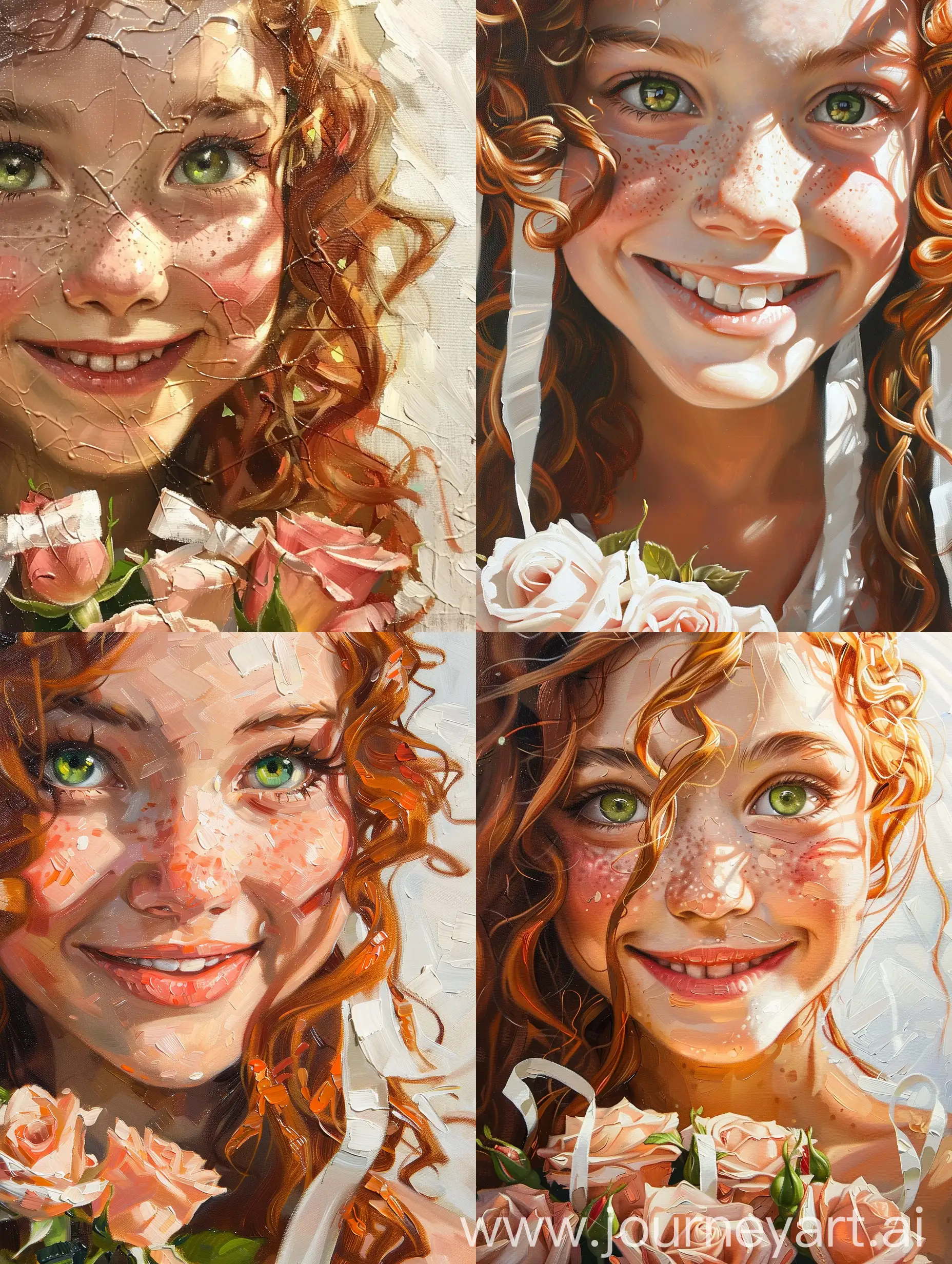 hand-painted, hand-painted deep close-up captures an oil painting of a smiling face, close-up portrait, painting with a 16 years old girl, she has green eyes and long curly red hair with white long ribbons, holds a brunch of roses. The expression is playful and cute, forming a strong contrast of light and dark in the focus, the background is used with a white palette, the brushstrokes are simple, oil painting, strong contrast of light and dark, this child is depicted as happy, this composition creates a fun atmosphere, high resolution,, ray of sunlight, stained glass, vibrant pop art deco graffiti by Tristan Eaton and Eduardo Kobra and Erté whimsical and simple illustration aesthetic, bright colors, in the style of Clémence Guillemaud