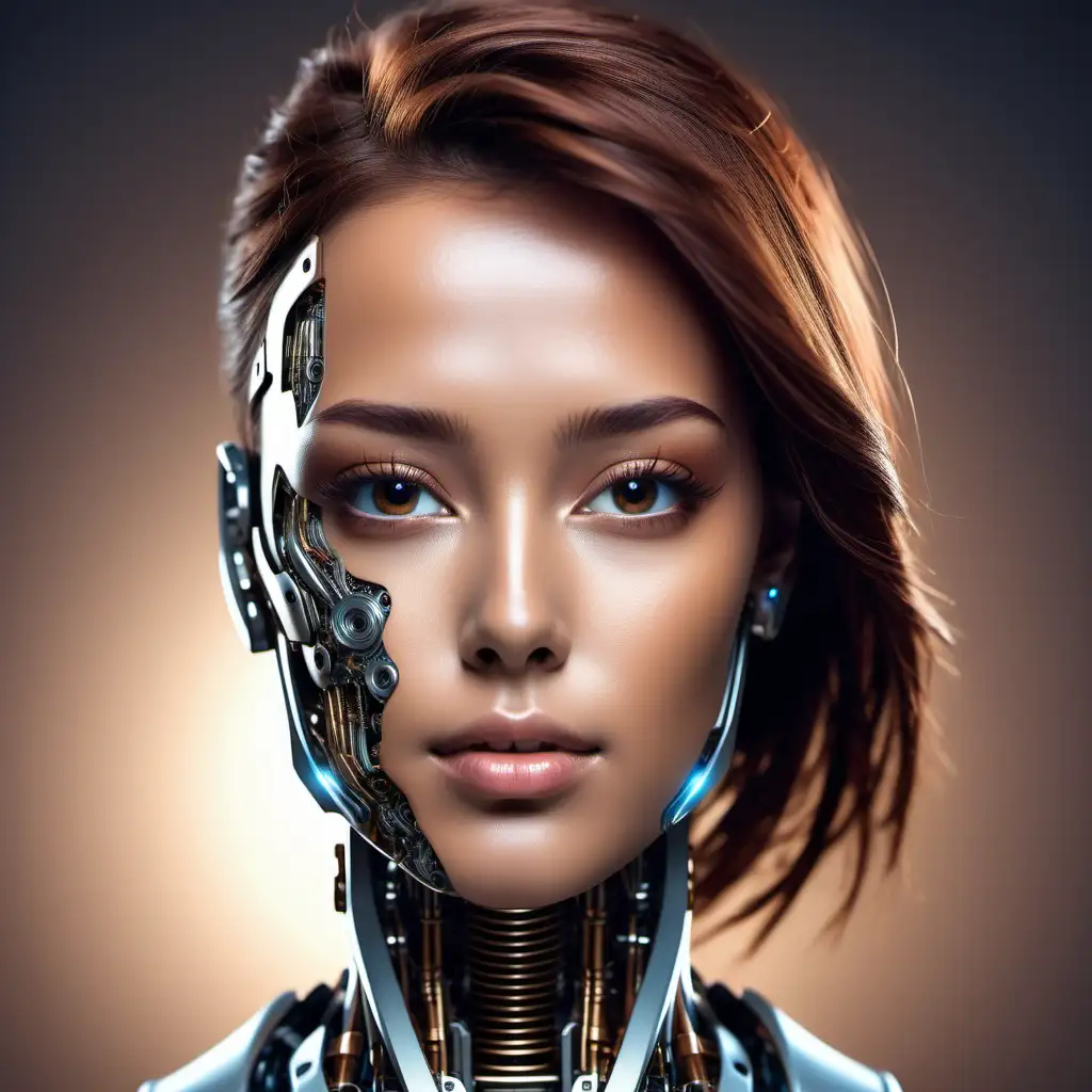 Fusion of Technology and Humanity Striking Image of a HalfRobot HalfHuman AI with Tanned Brown Hair