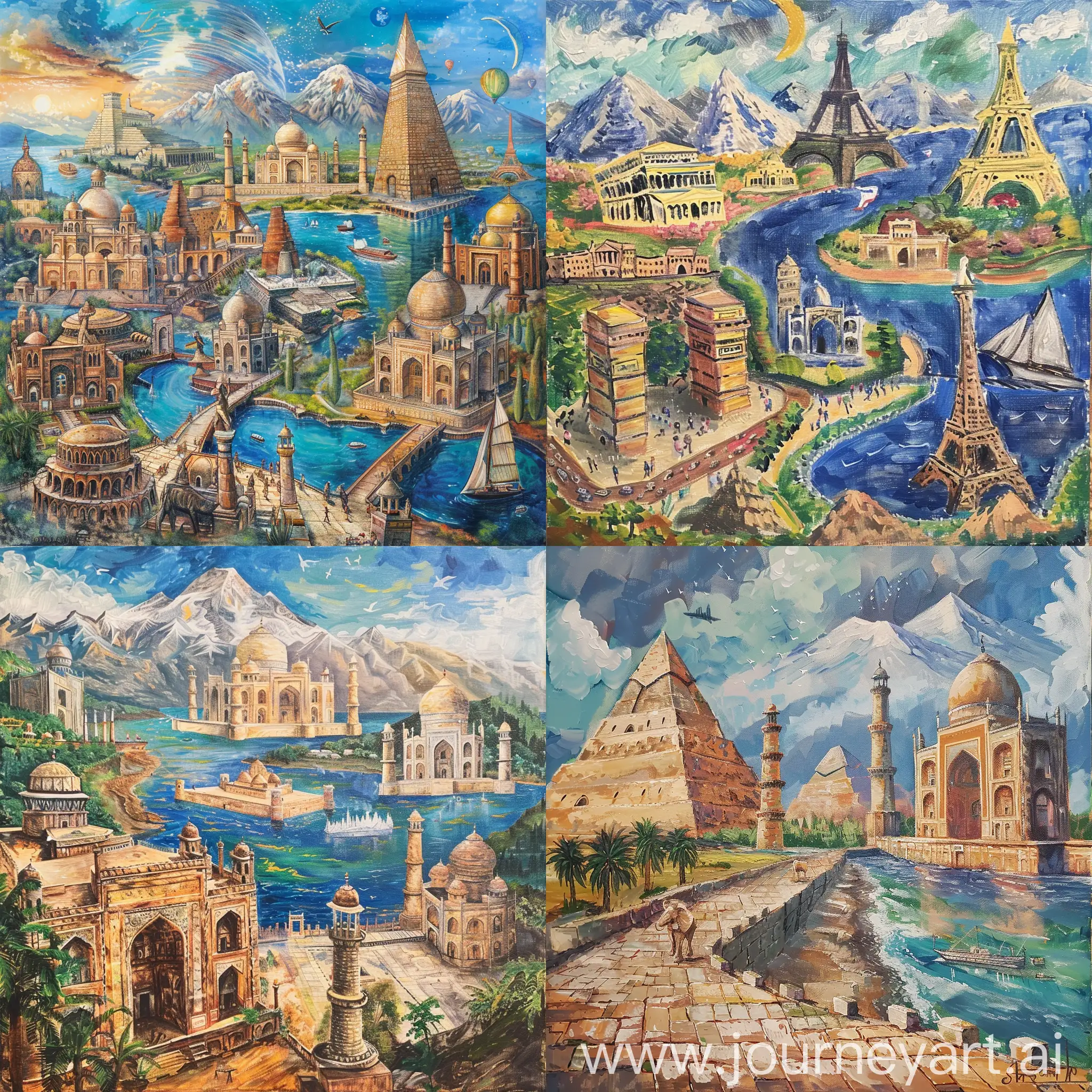 Seven-Wonders-of-the-World-United-in-Majestic-Oil-Painting