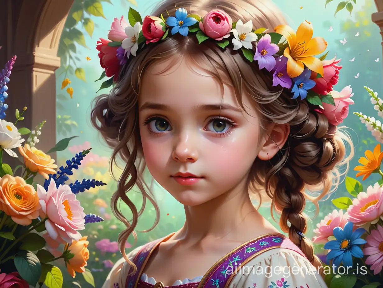 a painting of a little girl with flowers in her hair, digital art, inspired by Konstantin Makovsky, beautiful art uhd 4 k, vitaly bugarov, 4 k detail fantasy, painting of beautiful