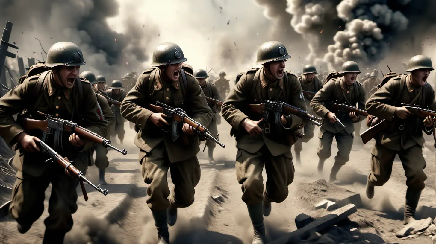 Generate a 8K hyperrealistic image depicting the excitement, glory, and thrill of the First World War, with Unreal Engine v5 rendering capturing the intense emotions and chaotic atmosphere of the conflict. Ensure the 3D rendering is highly detailed, showcasing the battlefield, soldiers in action, and dramatic explosions. Utilize HDR lighting to enhance the dynamic range and dramatic lighting effects, with photorealistic textures conveying the grit and realism of war. Incorporate high-resolution elements of historical weaponry, uniforms, and landscapes to immerse viewers in the epic scale of the war. The image should evoke a sense of adrenaline and heroism as it portrays the bravery and sacrifice of soldiers on the front lines.