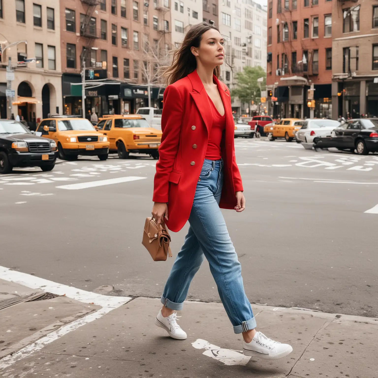 crea una mujer con un blazer grande color rojo, tambien usando un pantalono jean ancho, unos tenis blancos , caminando en New York