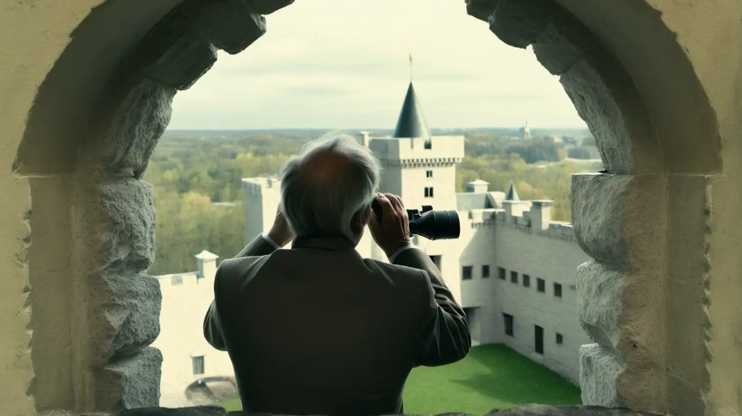 Castle Interior View Man Observing Through Vintage Binoculars