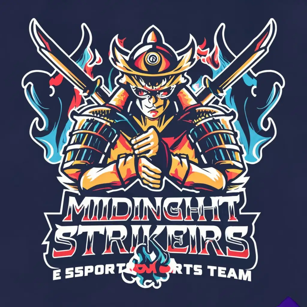 a logo design,with the text 'midnight strikers', main symbol:gamer, clear background, realistic, esport team, free fire, fury fire eyes, young samurai
