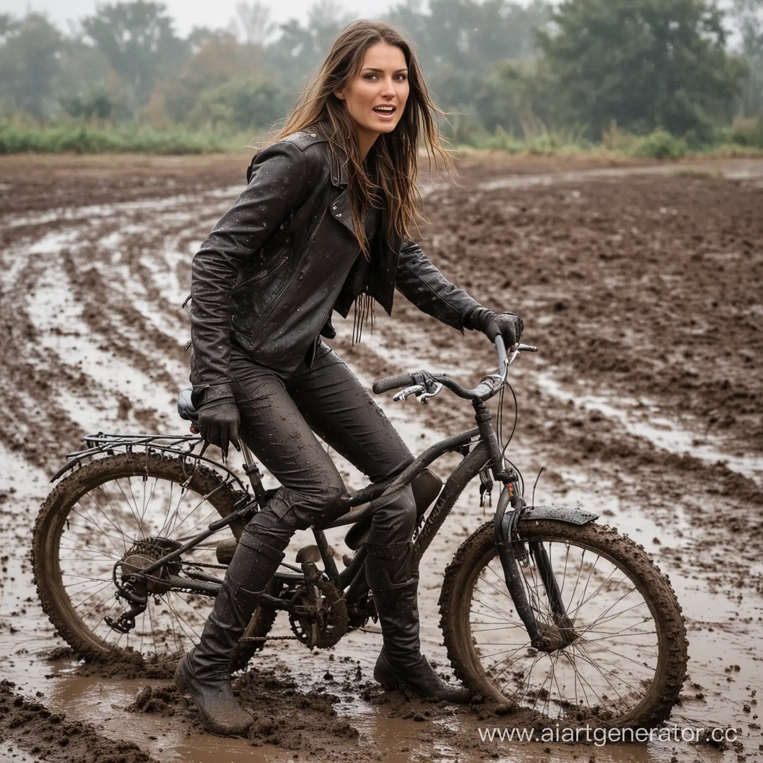 A woman rides a bike through the mud in a dirty leather coat and leggings all splattered with mud