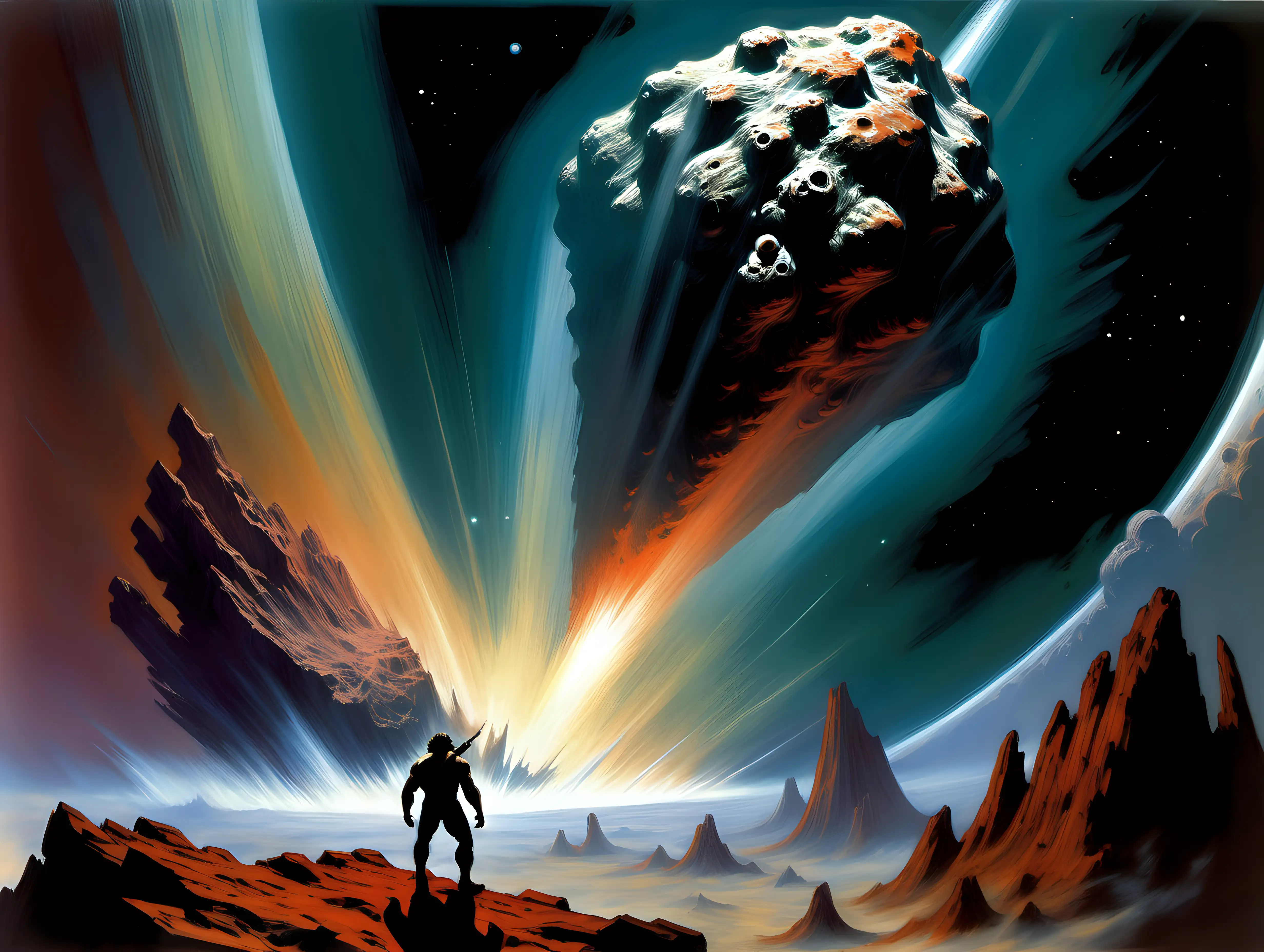 Prehistoric Man Contemplating Approaching Asteroid in Frank Frazetta Style