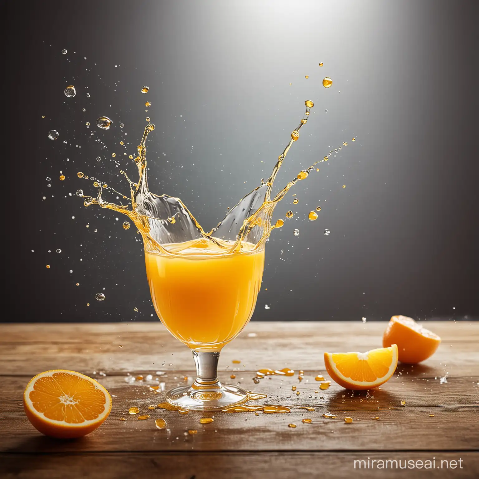 food photography, advertising, [glass]on a table, [orange juice floating], a splash of [orange], photo manipulation, place for text, highly detailed photos with selective soft focus.
