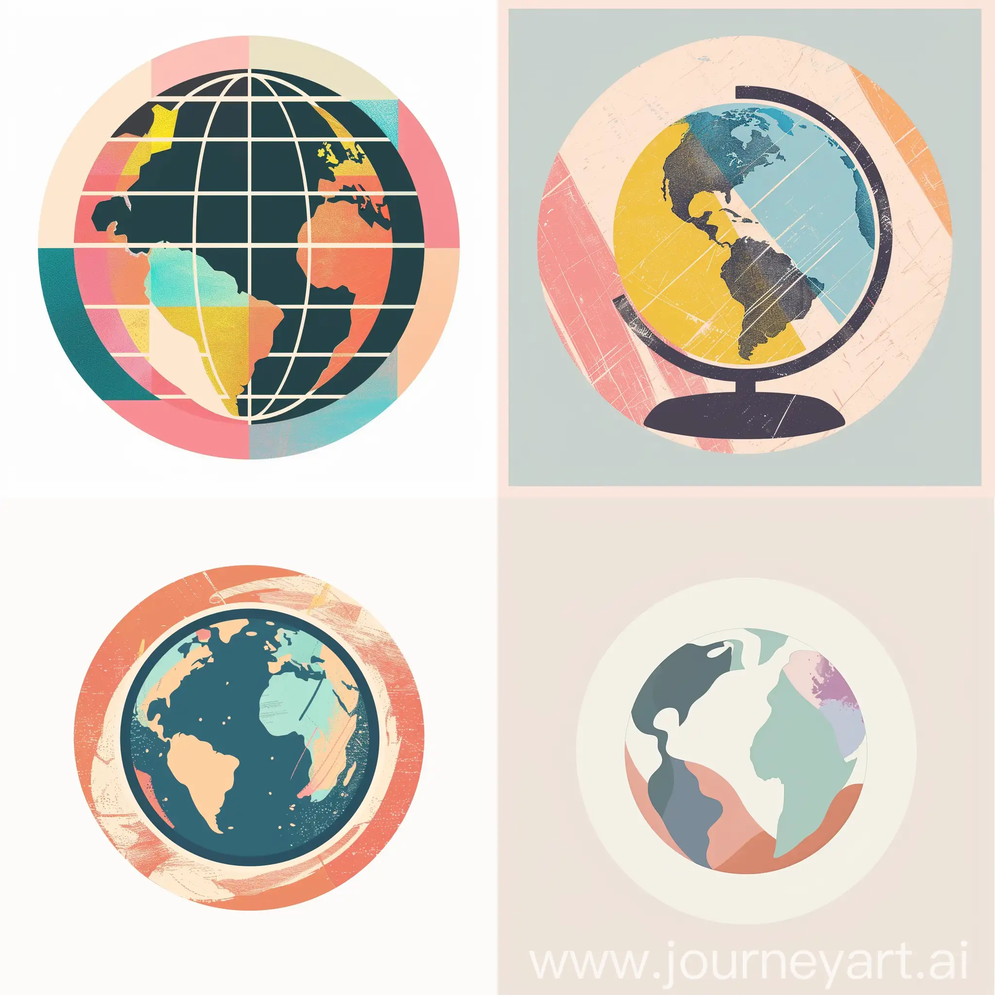 a round logo feature illustration  1960s-midcentury globe using pastel colors  