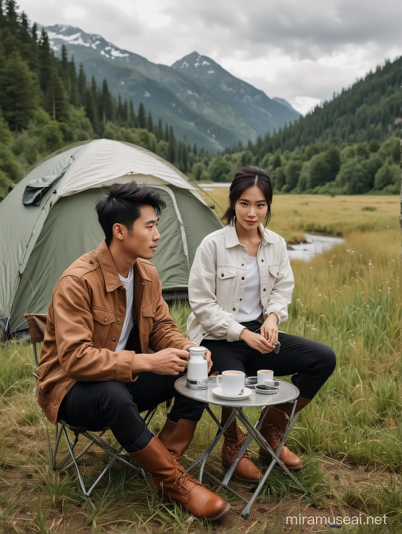 Asian Couple Enjoying Riverside Coffee Break with Scenic Mountain View