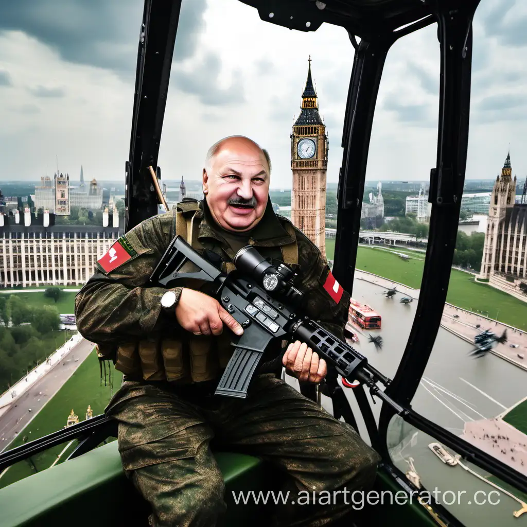 Александр Лукашенко в камуфляже летит в вертолете над Биг Бен, выглядывает из иллюминатора с автоматом на плече и смеется