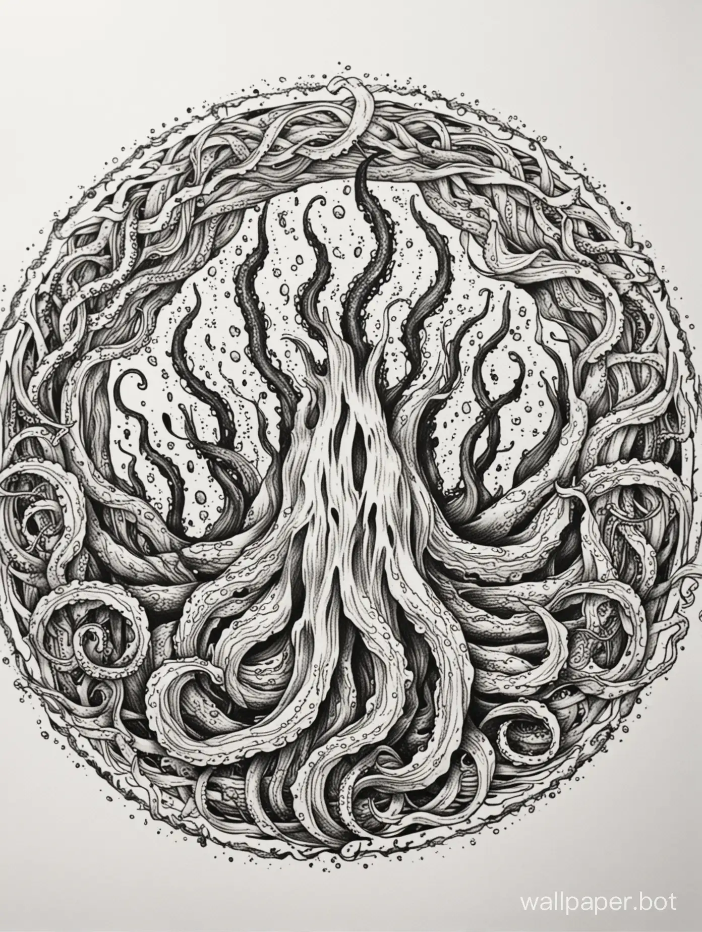 Hand tatto template, black tentacles, centered ltorn veins,  blackwork monochormatic, circular ornament, hatching hard circular waves, white background