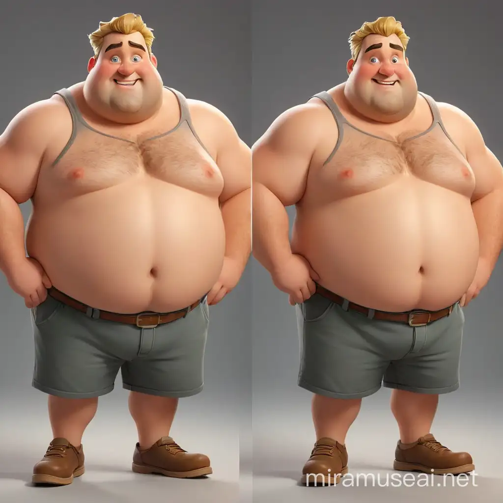 plump man in cartoon style, fair-haired, two different poses, 2 poses, maximum detail, best quality, HD, gorgeous light and shadow, detailed design, 3D quality