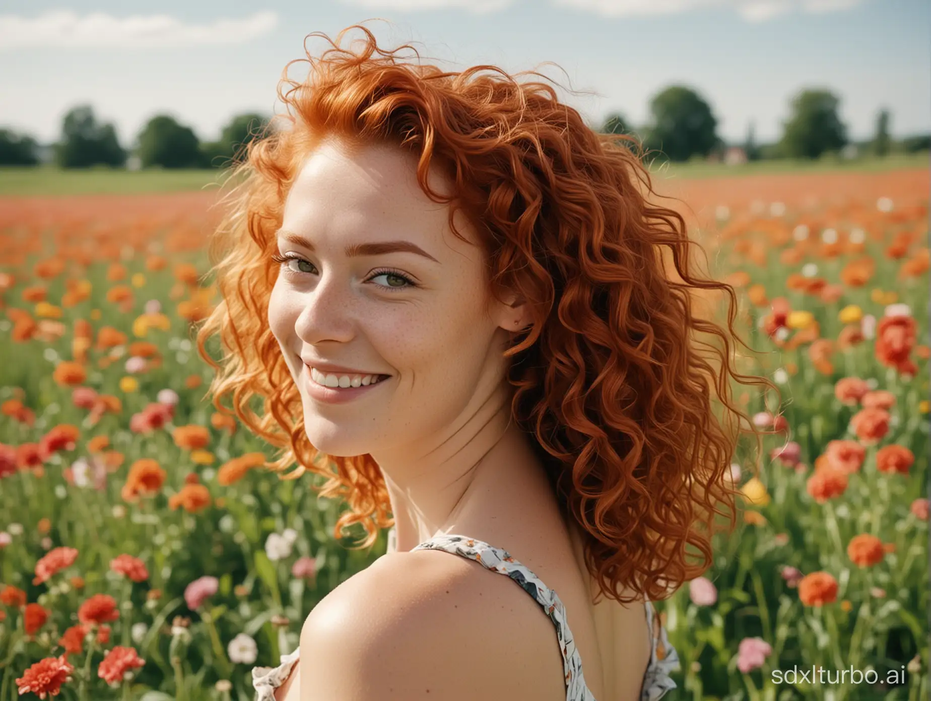 dutch angle shot, candid shots, portrait photography, a woman with red hair smiling, in the style of youthful energy, with curly hair on a summer afternoon, flower field, emotive faces, realistic skin, natural features, panasonic lumix s pro, kodak portra