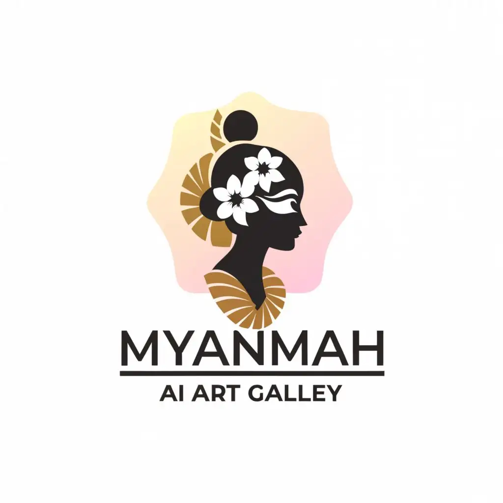 a logo design,with the text "MYANMAR AI ART GALLERY", main symbol:Abstract silhouette figure of Burmese woman face with chignon hair style with a white flower, thin thanakha paste on cheeks, Asiatic face, scarf on shoulders, side shot with floral design circle background,Moderate,be used in Technology industry,color background