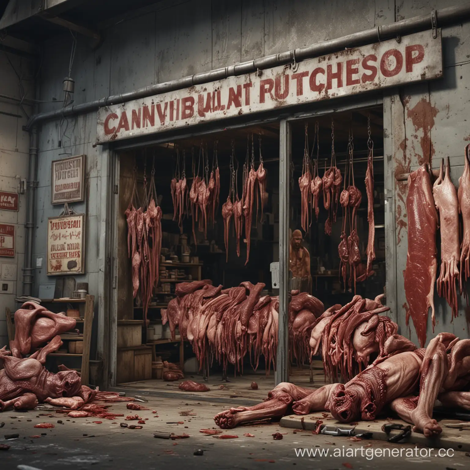 photo, realistic, sharp focus, hyperrealistic, hyperdetailed, photorealistic, 4k, HD, Cannibal slaughterhouse and butchershop. 